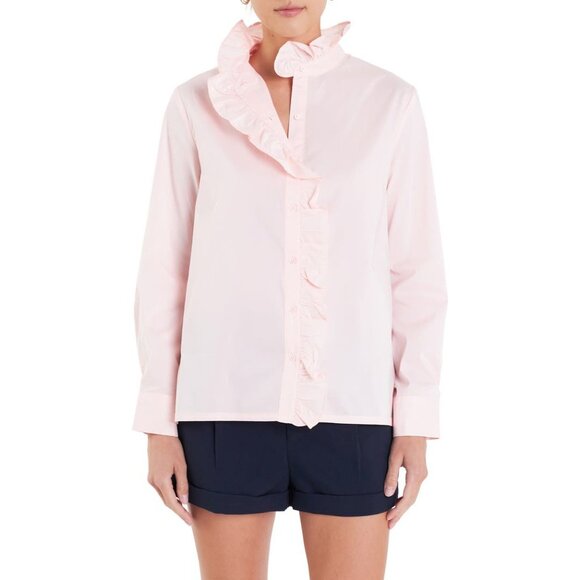 English Factory Ruffle Trim Button-Up pink Shirt size S - Picture 3 of 10